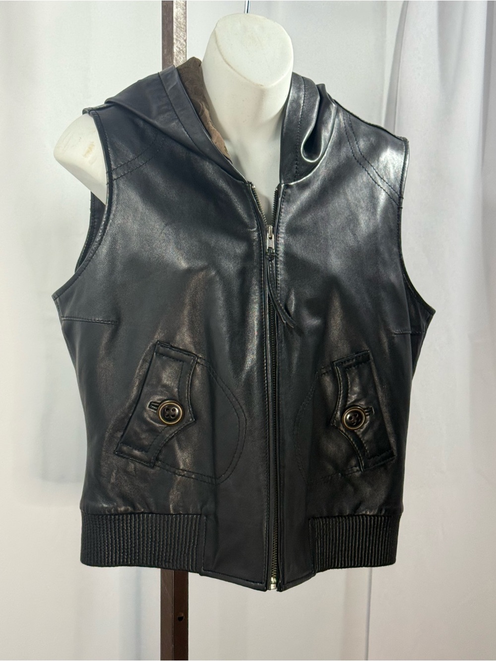 100% Leather Hooded Zip Vest | Black Moto Utility Jacket | Large 🖤